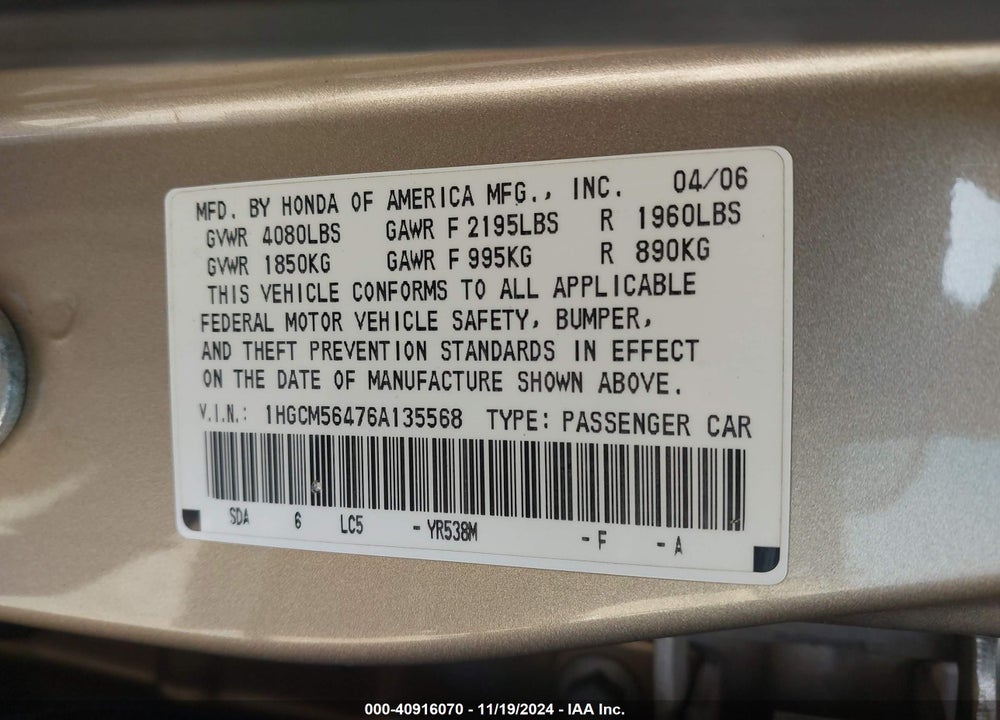 2006 HONDA ACCORD 2.4 LX VIN: 1HGCM56476A135568