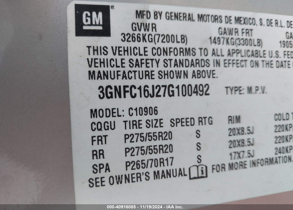 2007 CHEVROLET SUBURBAN 1500 LT VIN: 3GNFC16J27G100492
