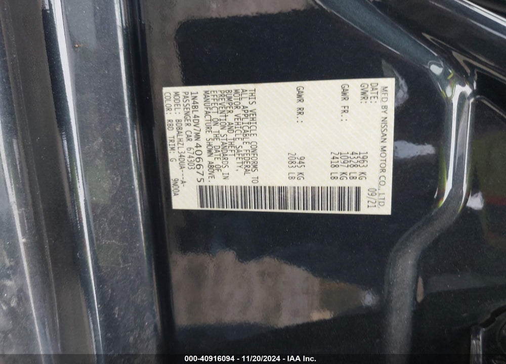 2021 NISSAN ALTIMA SV FWD VIN: 1N4BL4DV7MN406675