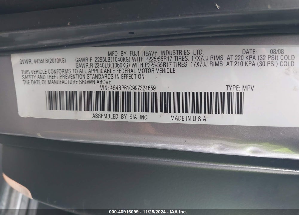 2009 SUBARU OUTBACK 2.5I VIN: 4S4BP61C997324659