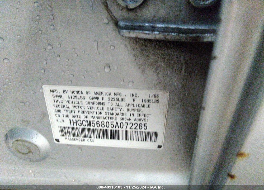 2005 HONDA ACCORD 2.4 EX VIN: 1HGCM56805A072265