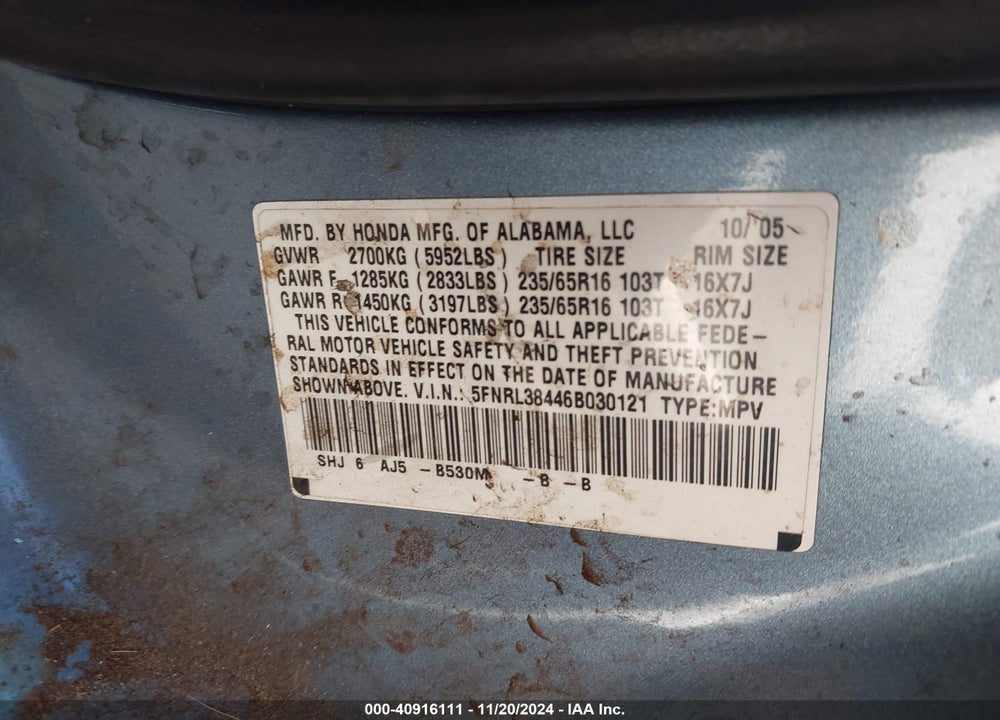2006 HONDA ODYSSEY EX VIN: 5FNRL38446B030121