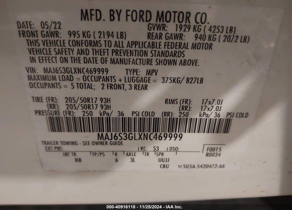 2022 FORD ECOSPORT SE VIN: MAJ6S3GLXNC469999
