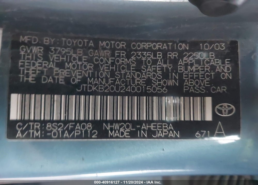 2004 TOYOTA PRIUS VIN: JTDKB20U240015056
