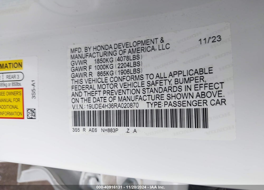2024 ACURA INTEGRA A-SPEC VIN: 19UDE4H36RA020870