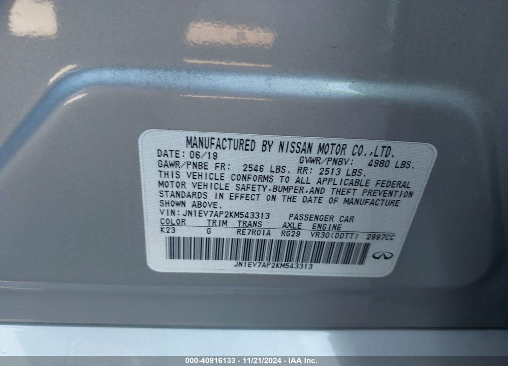 2019 INFINITI Q50 3.0T LUXE VIN: JN1EV7AP2KM543313