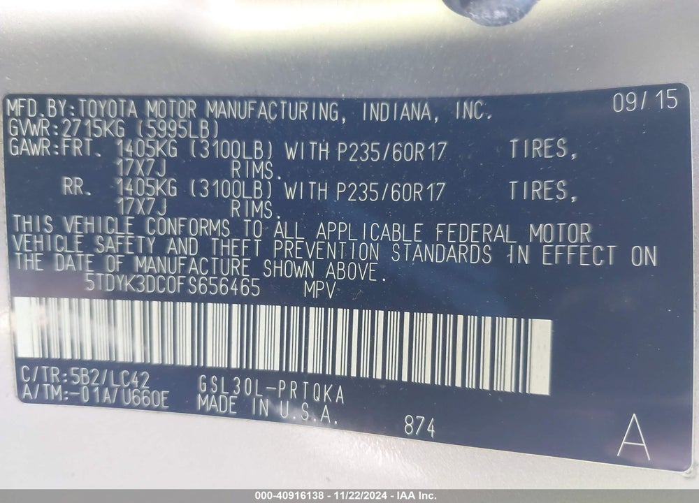 2015 TOYOTA SIENNA XLE LIMITED VIN: 5TDYK3DC0FS656465