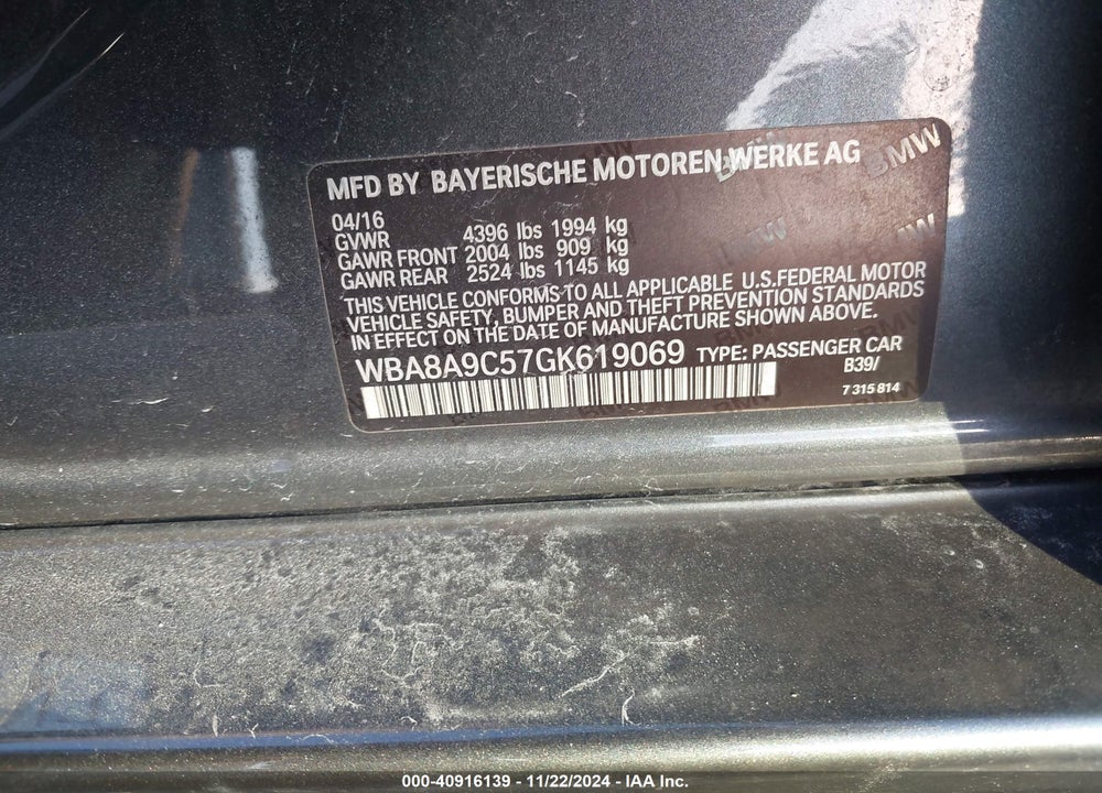 2016 BMW 320I VIN: WBA8A9C57GK619069