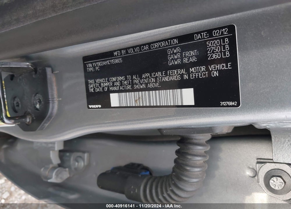 2012 VOLVO S80 T6/T6 PLATINUM/T6 PREMIER PLUS VIN: YV1902AH1C1159805