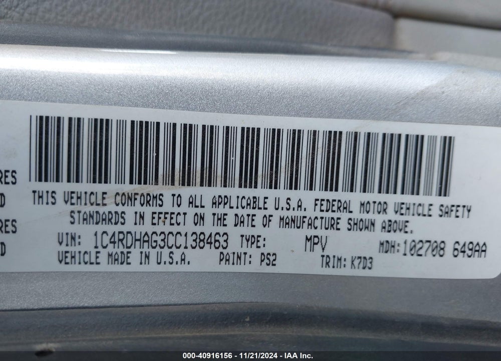 2012 DODGE DURANGO SXT VIN: 1C4RDHAG3CC138463