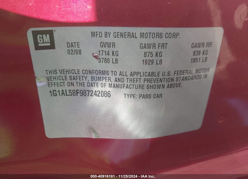 2008 CHEVROLET COBALT LT VIN: 1G1AL58F987242086