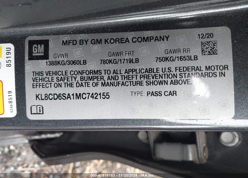 2021 CHEVROLET SPARK FWD 1LT AUTOMATIC VIN: KL8CD6SA1MC742155