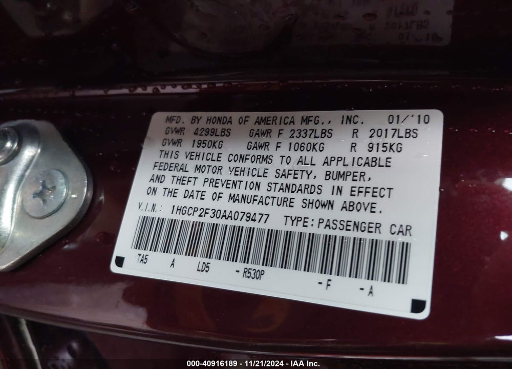 2010 HONDA ACCORD 2.4 LX VIN: 1HGCP2F30AA079477