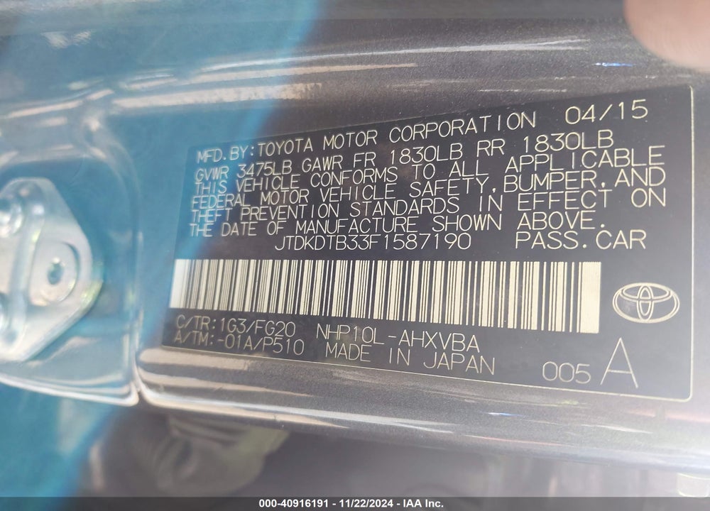 2015 TOYOTA PRIUS C VIN: JTDKDTB33F1587190