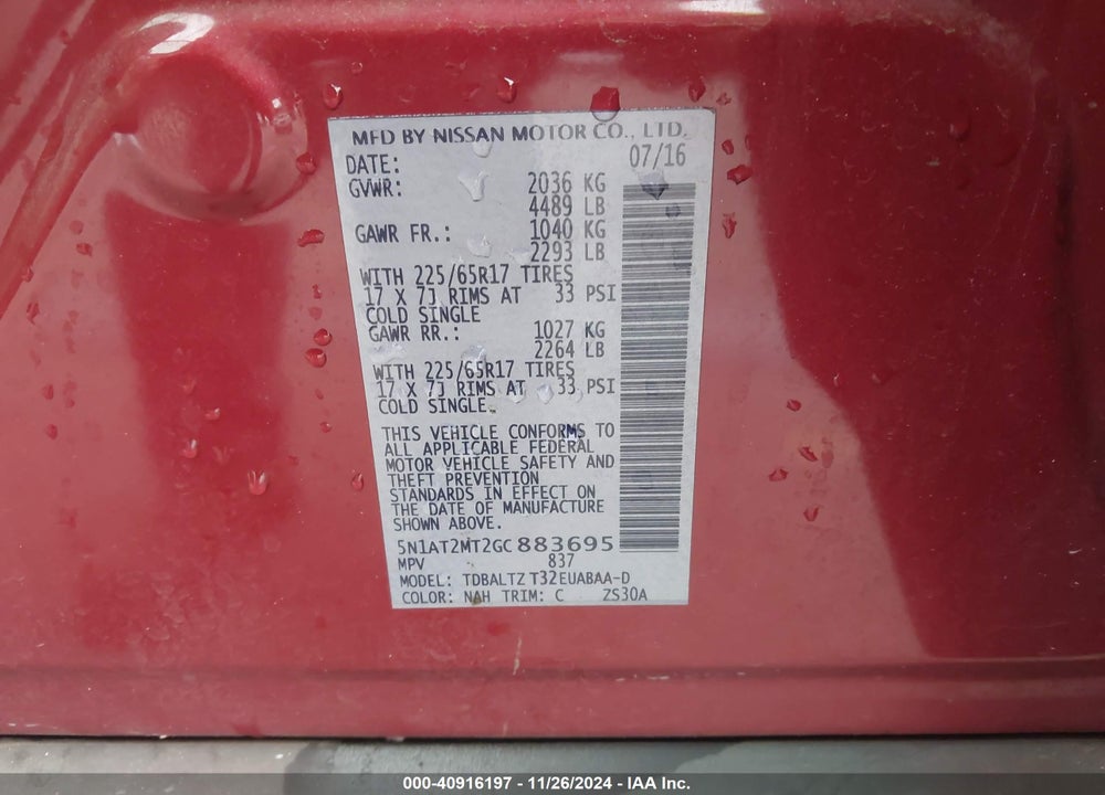 2016 NISSAN ROGUE SV VIN: 5N1AT2MT2GC883695