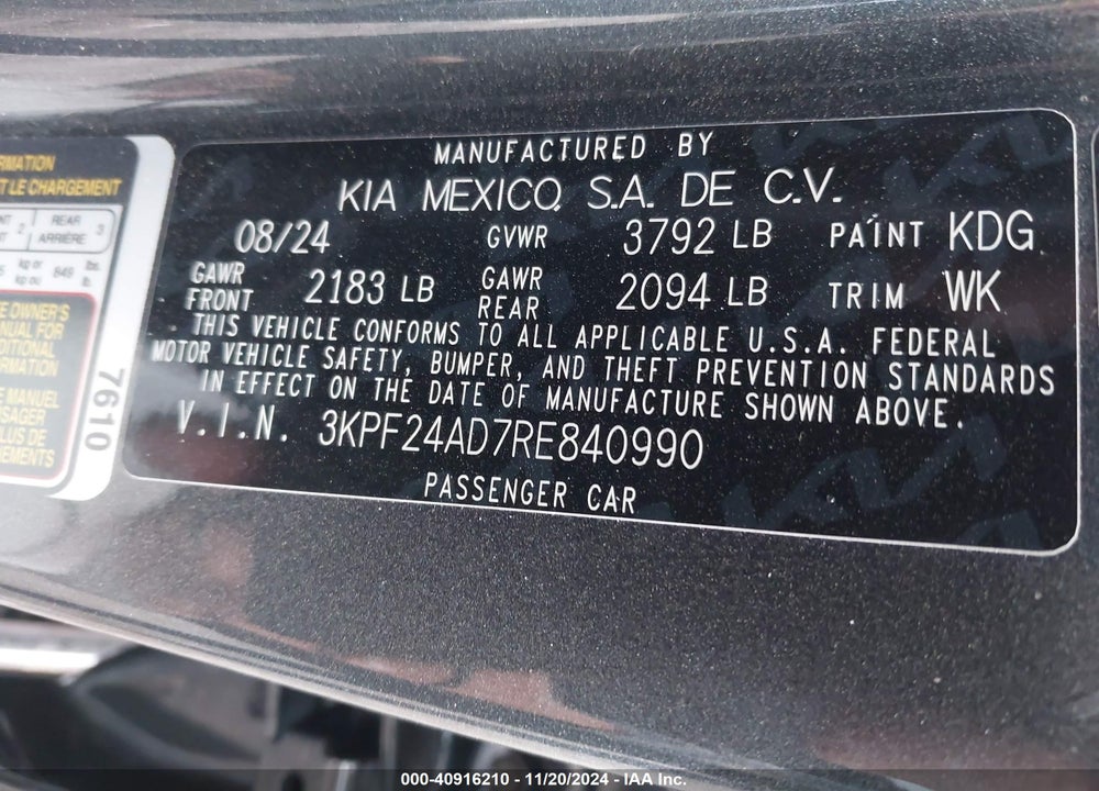 2024 KIA FORTE VIN: 3KPF24AD7RE840990