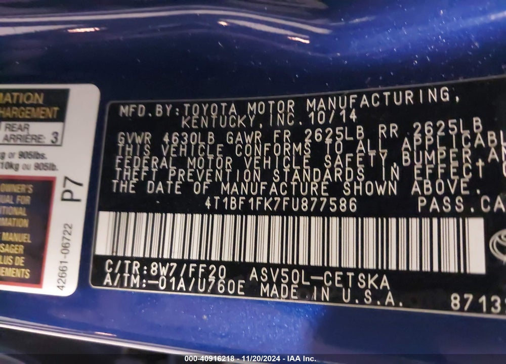 2015 TOYOTA CAMRY SE VIN: 4T1BF1FK7FU877586
