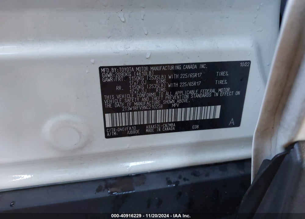 2022 TOYOTA RAV4 XLE VIN: 2T3W1RFV9NC210258