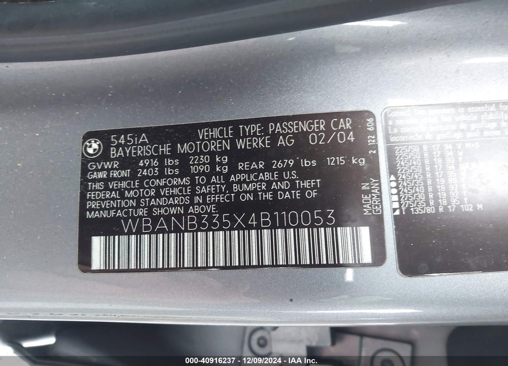 2004 BMW 545I VIN: WBANB335X4B110053