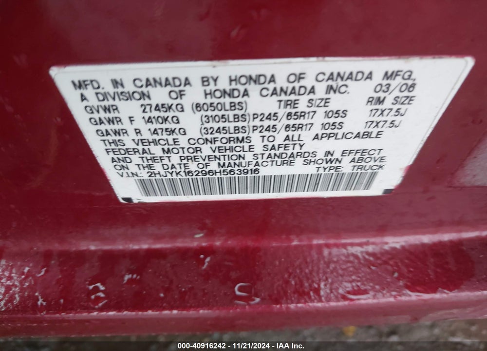 2006 HONDA RIDGELINE RT VIN: 2HJYK16296H563916