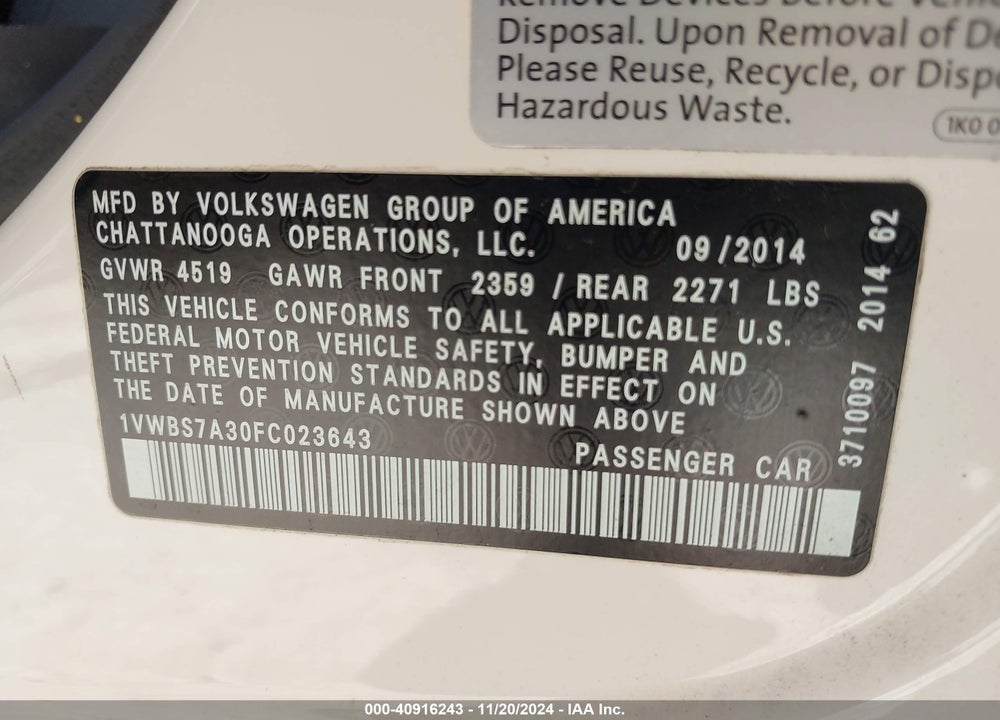 2015 VOLKSWAGEN PASSAT 1.8T SE VIN: 1VWBS7A30FC023643