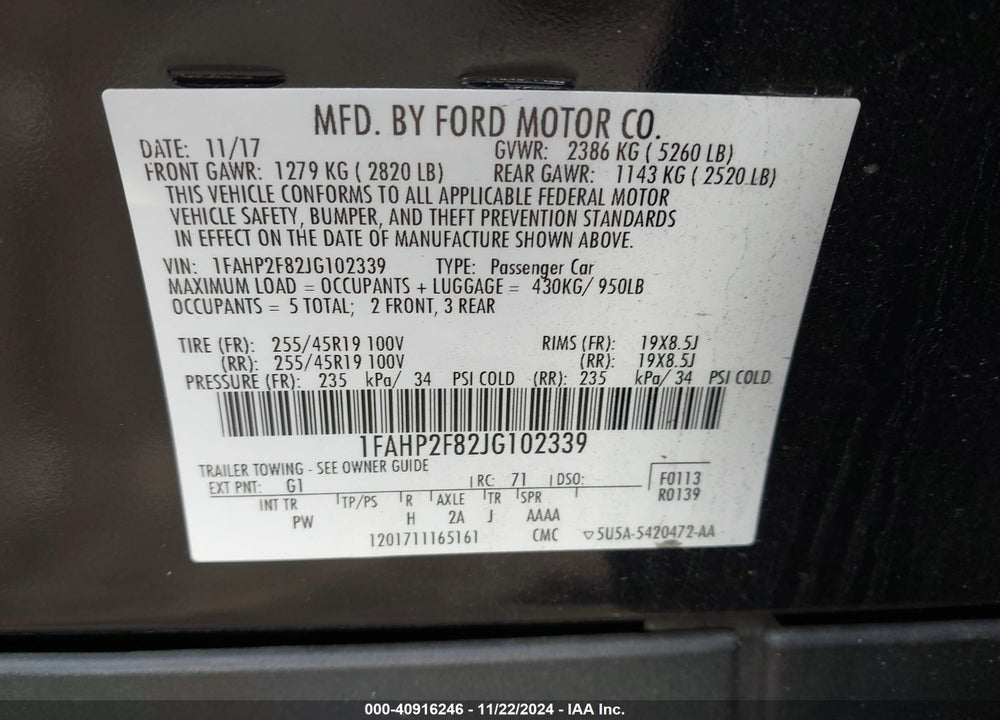 2018 FORD TAURUS LIMITED VIN: 1FAHP2F82JG102339