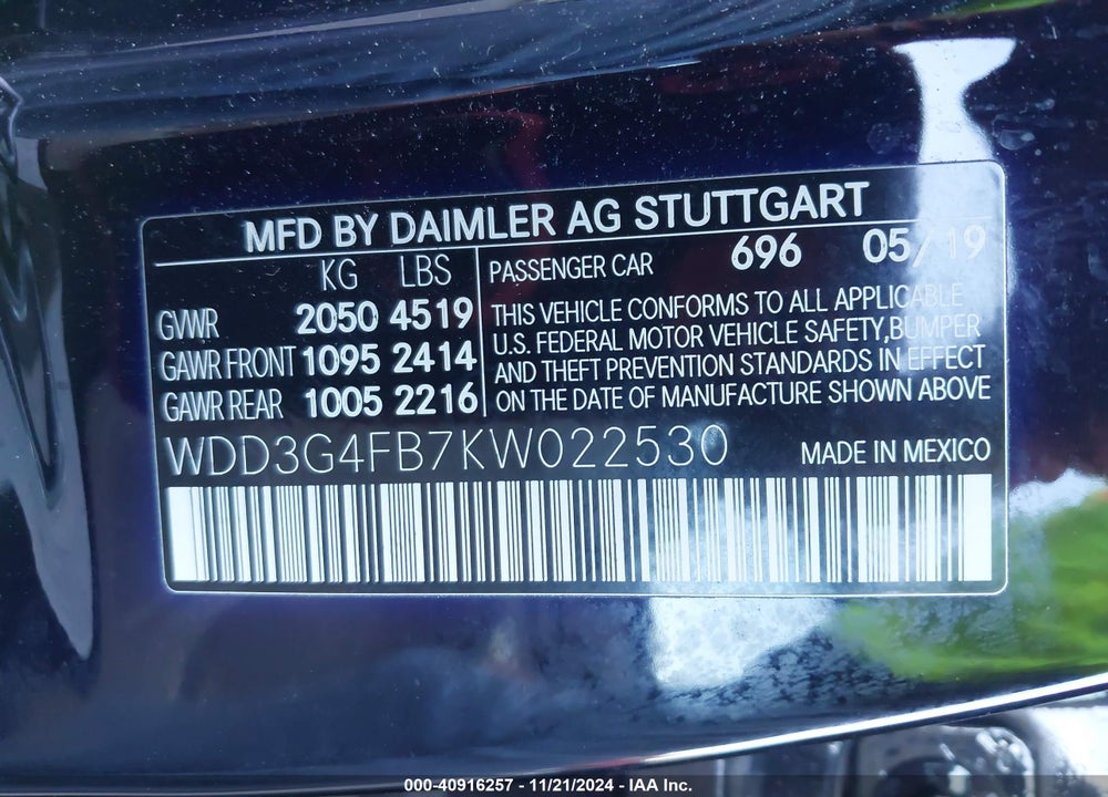 2019 MERCEDES-BENZ A 220 VIN: WDD3G4FB7KW022530