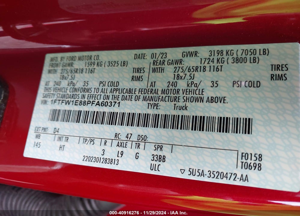2023 FORD F150 VIN: 1FTFW1E88PFA60371