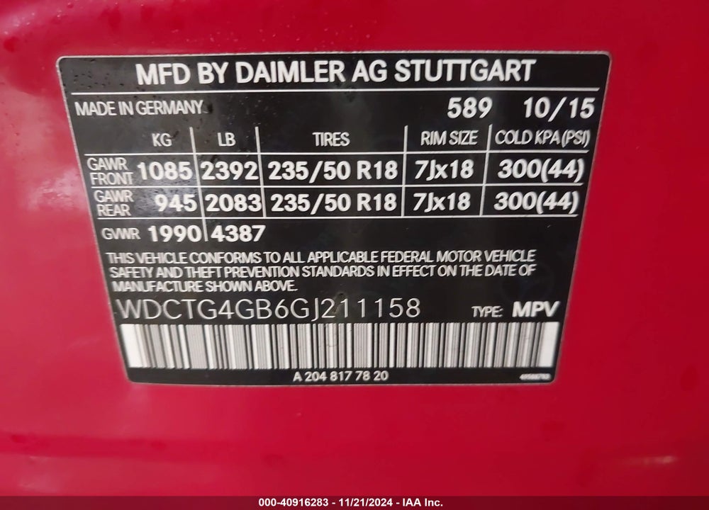 2016 MERCEDES-BENZ GLA 250 4MATIC VIN: WDCTG4GB6GJ211158