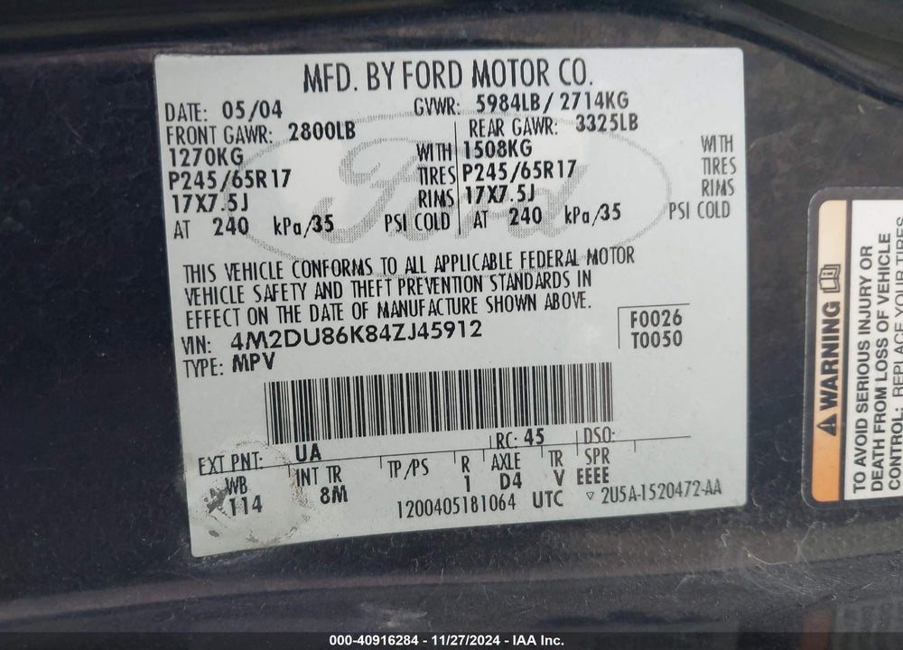 2004 MERCURY MOUNTAINEER VIN: 4M2DU86K84ZJ45912