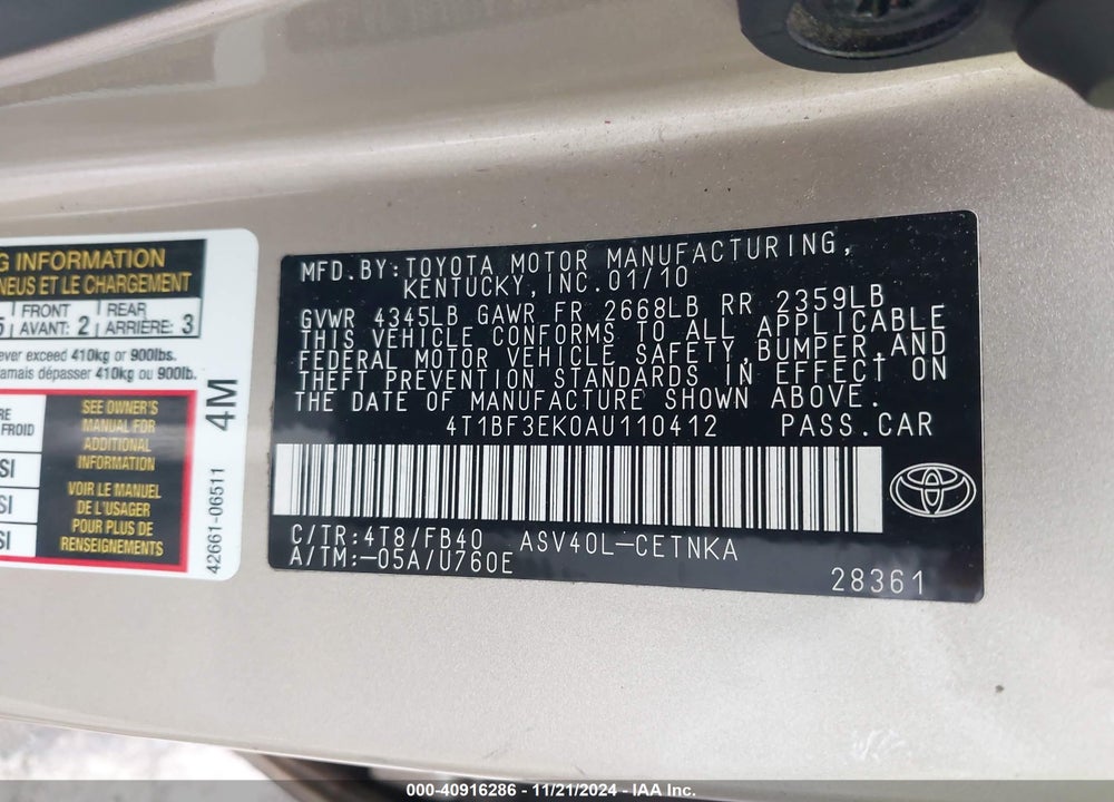 2010 TOYOTA CAMRY LE VIN: 4T1BF3EK0AU110412