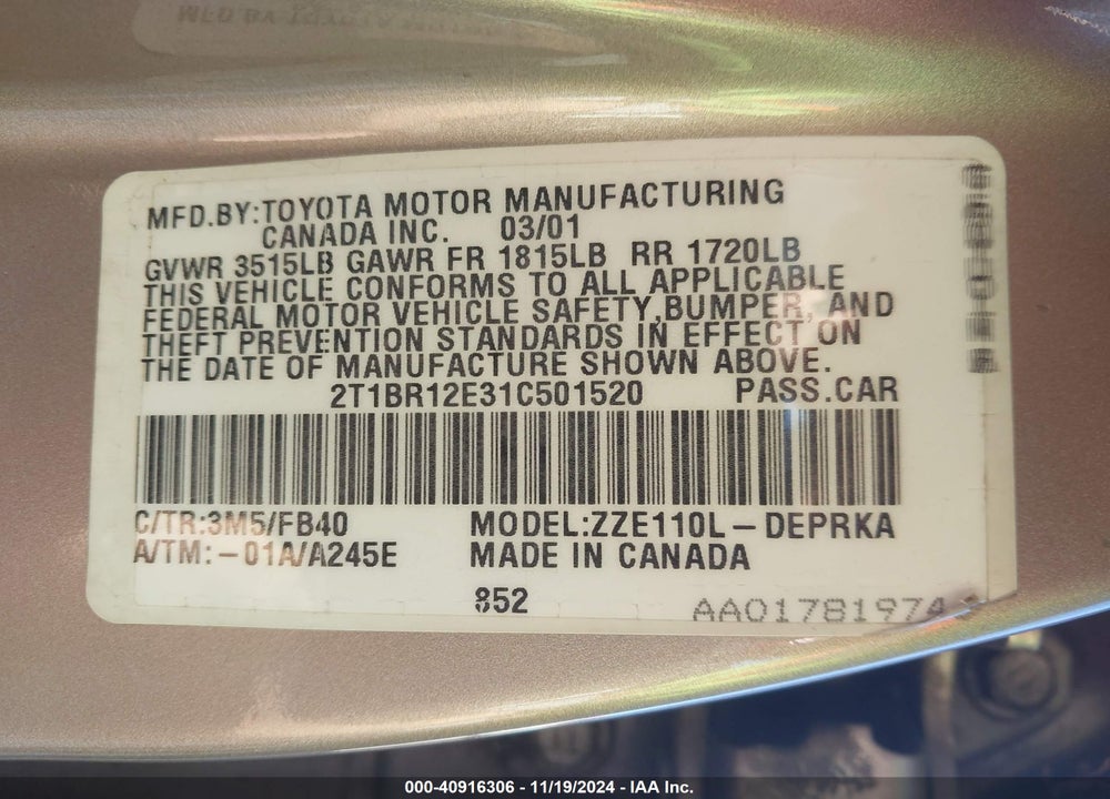 2001 TOYOTA COROLLA CE VIN: 2T1BR12E31C501520