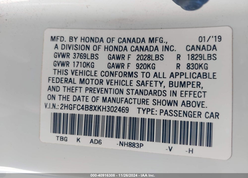 2019 HONDA CIVIC VIN: 2HGFC4B8XKH302469