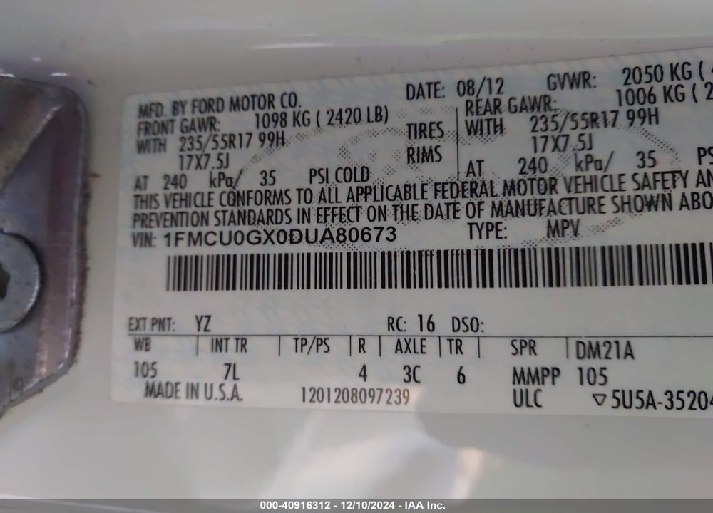 2013 FORD ESCAPE SE VIN: 1FMCU0GX0DUA80673