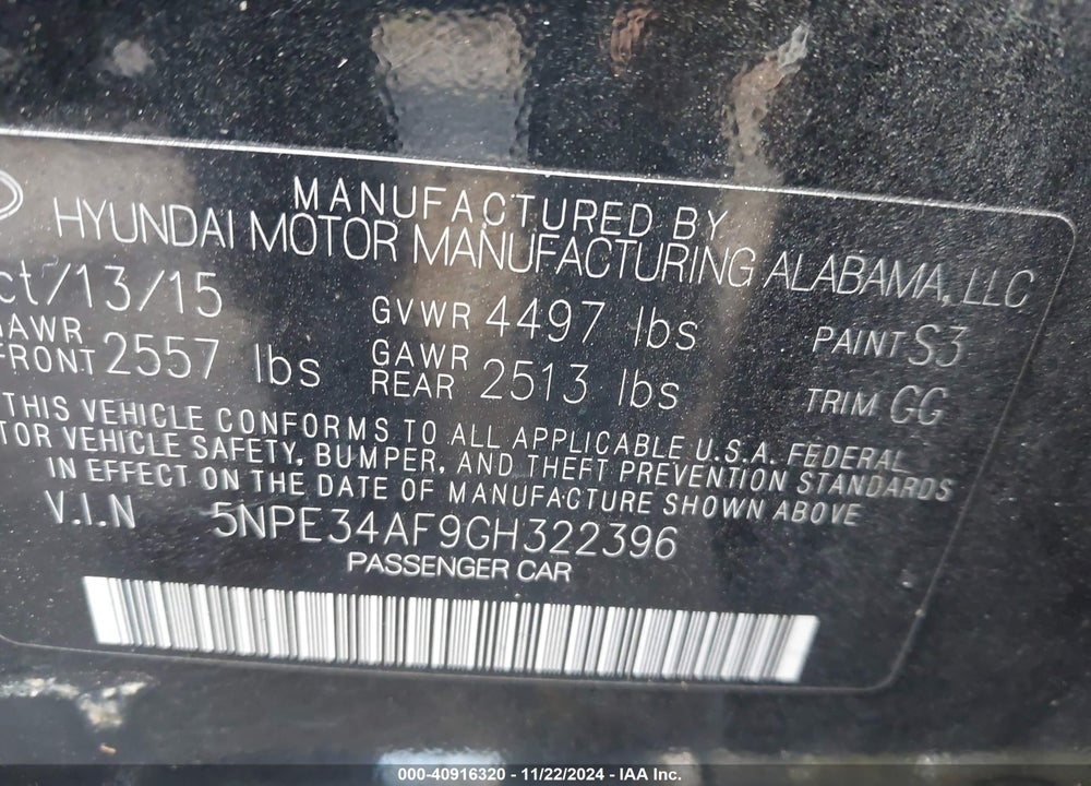 2016 HYUNDAI SONATA VIN: 5NPE34AF9GH322396