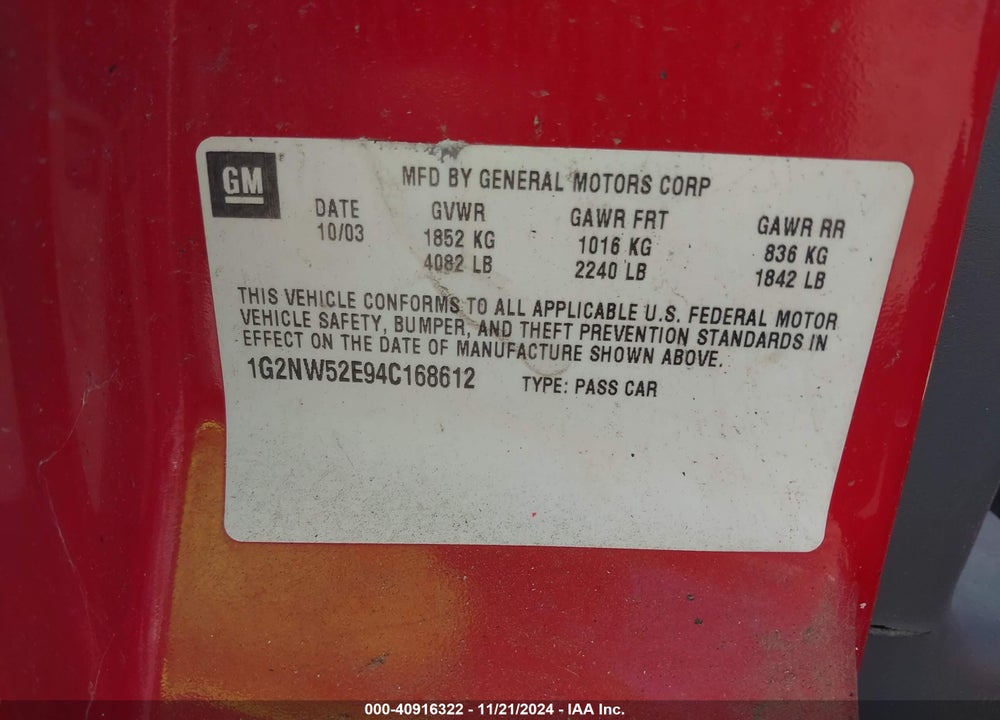 2004 PONTIAC GRAND AM GT VIN: 1G2NW52E94C168612