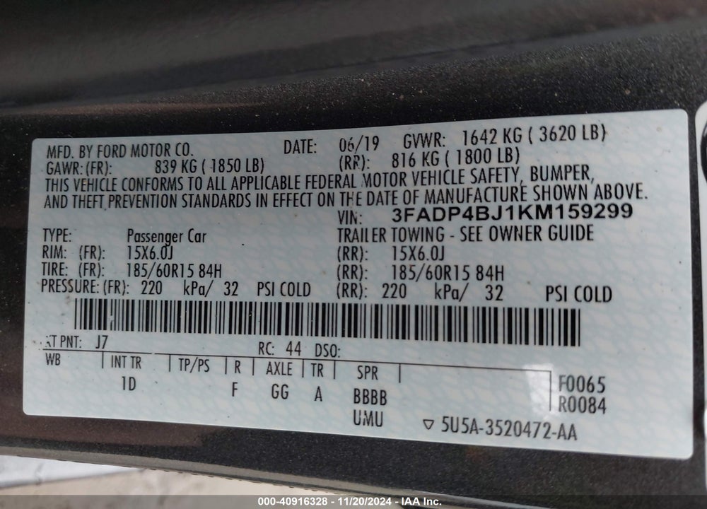 2019 FORD FIESTA VIN: 3FADP4BJ1KM159299