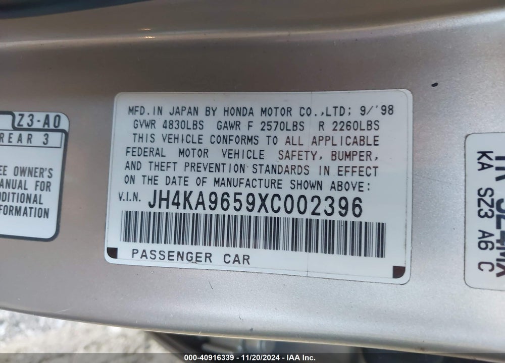 1999 ACURA RL 3.5 VIN: JH4KA9659XC002396