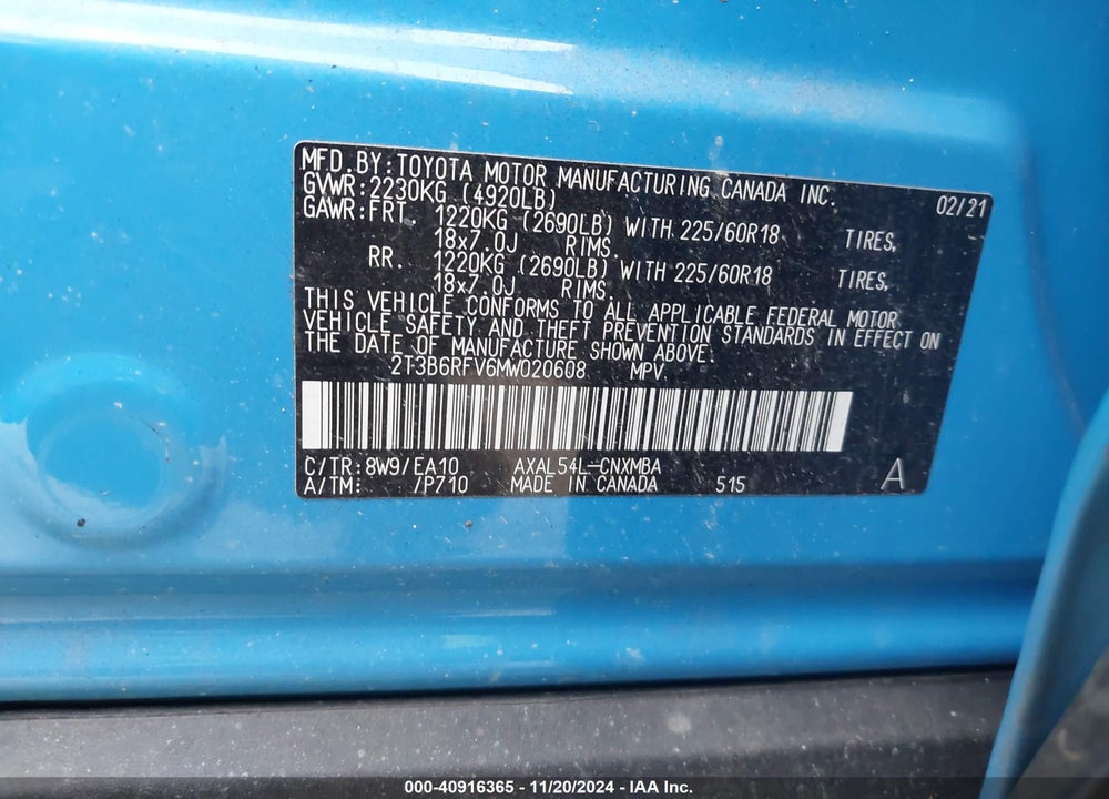 2021 TOYOTA RAV4 HYBRID XLE PREMIUM VIN: 2T3B6RFV6MW020608
