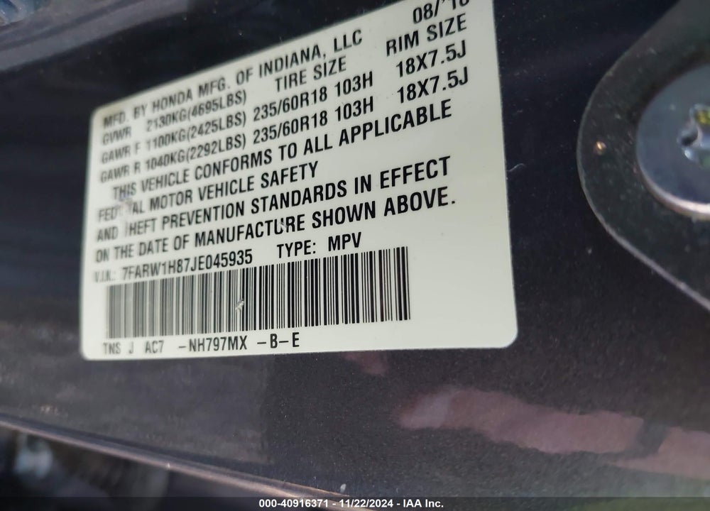 2018 HONDA CR-V EX-L/EX-L NAVI VIN: 7FARW1H87JE045935