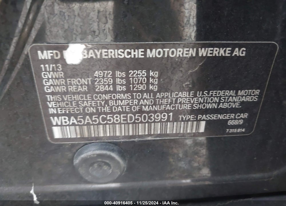 2014 BMW 528I VIN: WBA5A5C58ED503991
