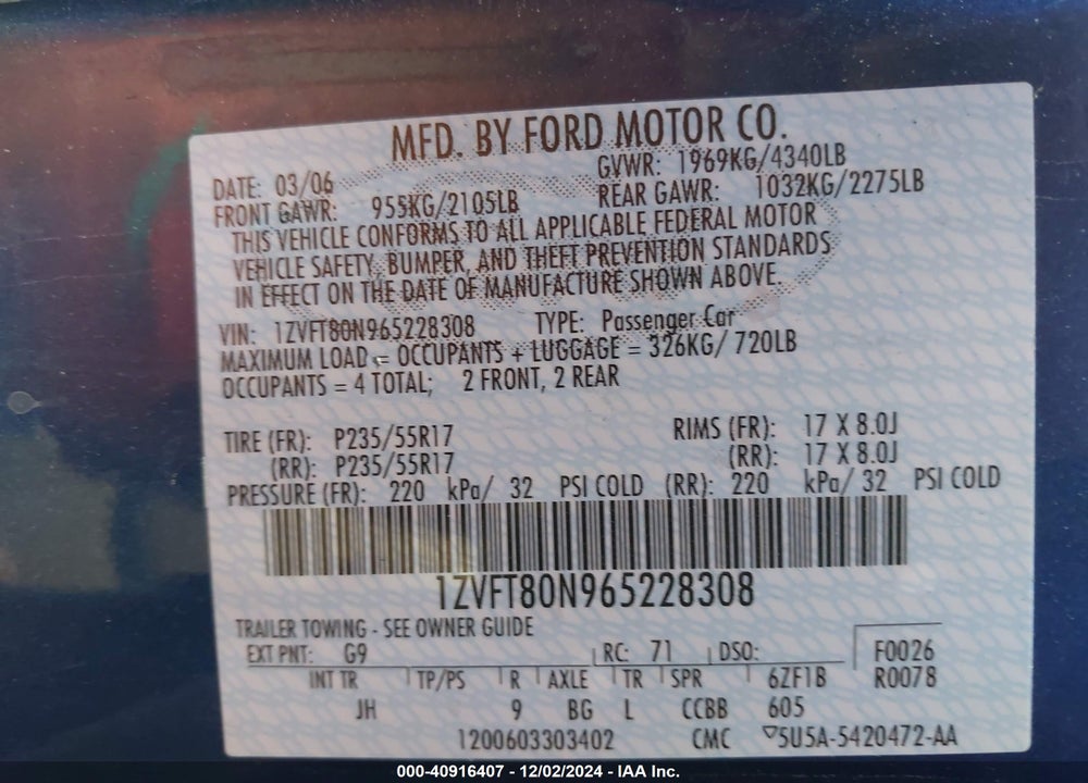 2006 FORD MUSTANG V6 VIN: 1ZVFT80N965228308