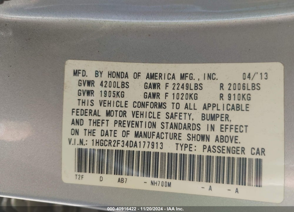 2013 HONDA ACCORD LX VIN: 1HGCR2F34DA177913