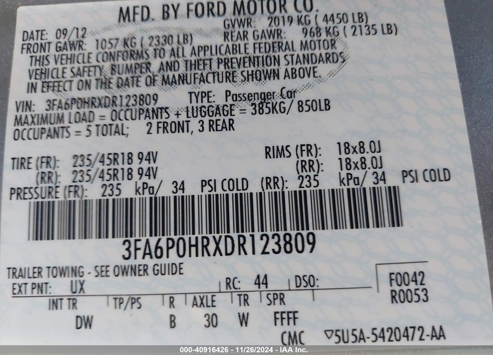 2013 FORD FUSION SE VIN: 3FA6P0HRXDR123809
