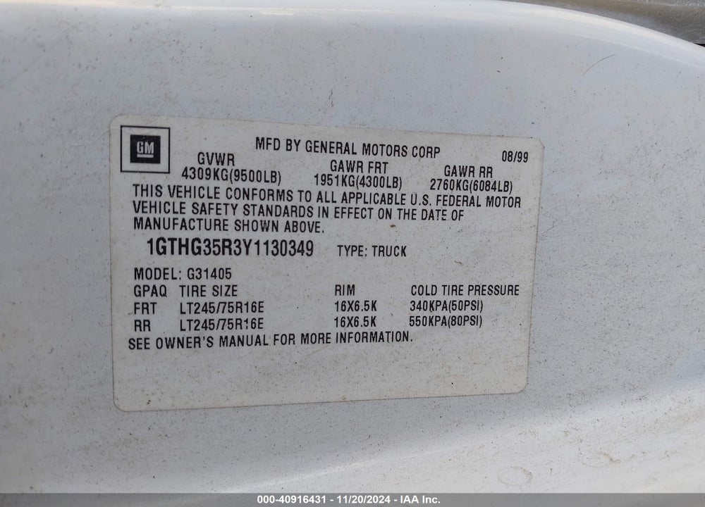 2000 GMC SAVANA STANDARD VIN: 1GTHG35R3Y1130349