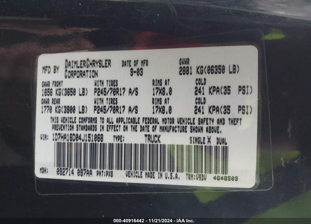 2004 DODGE RAM 1500 SLT/LARAMIE VIN: 1D7HA16D04J151068