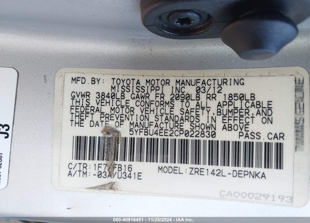2012 TOYOTA COROLLA LE VIN: 5YFBU4EE2CP022830