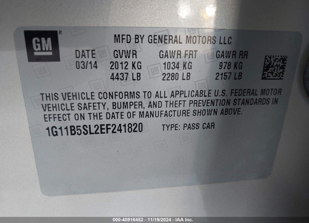 2014 CHEVROLET MALIBU 1LS VIN: 1G11B5SL2EF241820