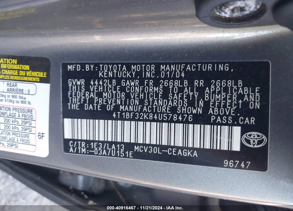 2004 TOYOTA CAMRY XLE V6 VIN: 4T1BF32K84U578476