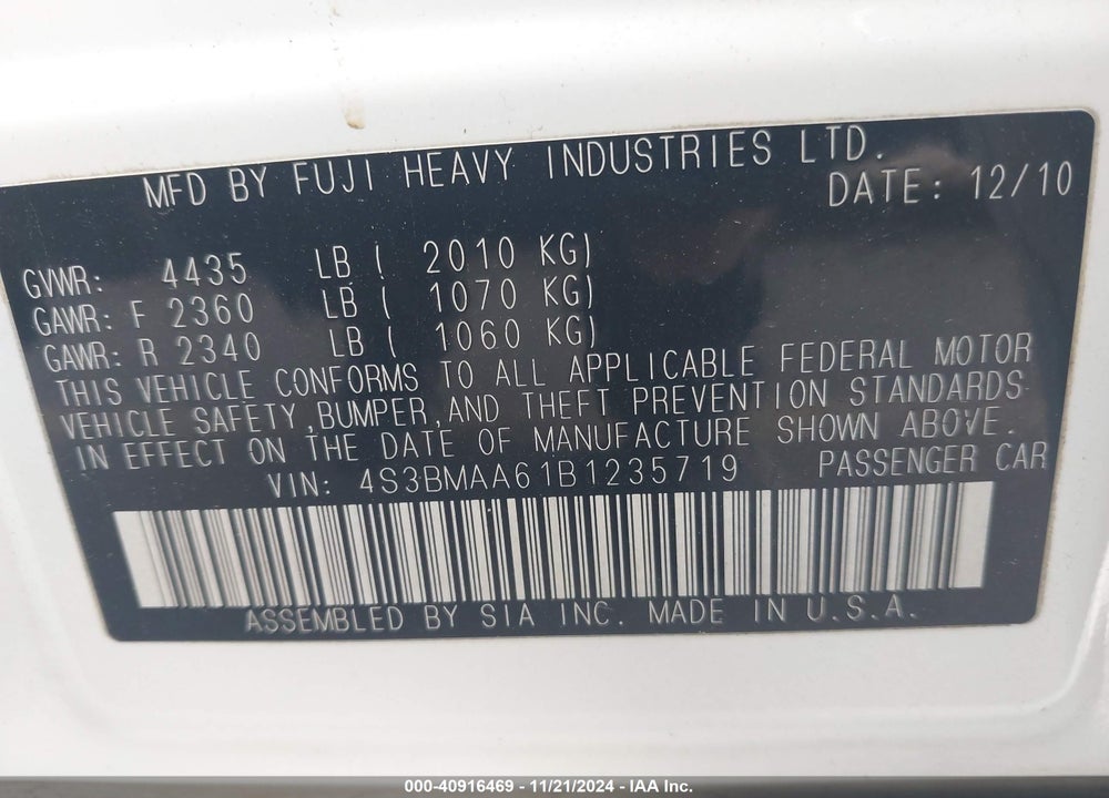 2011 SUBARU LEGACY 2.5I VIN: 4S3BMAA61B1235719